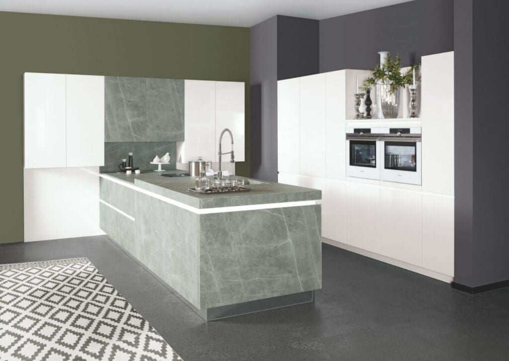 Bauformat Matt White Ceramic Handleless L Shaped Kitchen With Island | My Kitchen Specialist