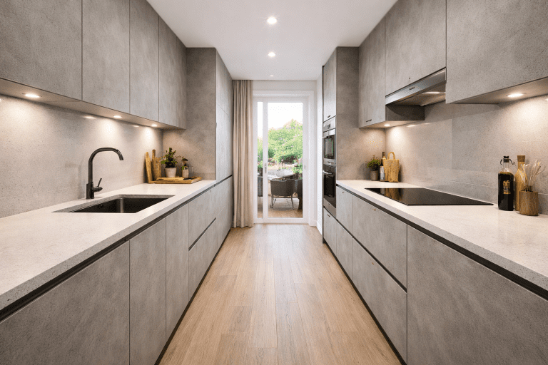 Handleless galley kitchen layout