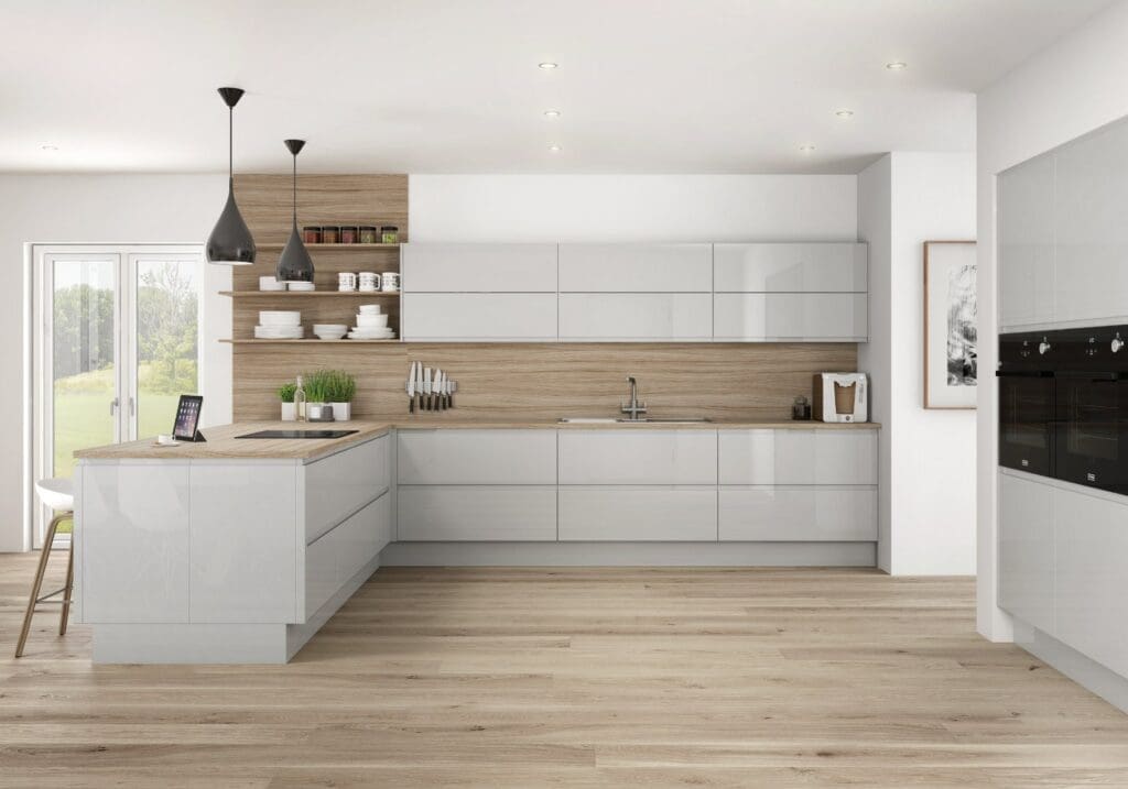 Jjo Colonial Light Grey Gloss Handleless L Shaped Kitchen 2 | My Kitchen Specialist