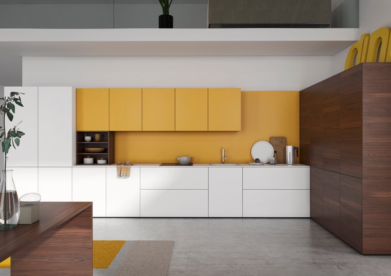 Modern Kitchen Colour Schemes for UK Homes - Stormer Matt White Mustard Handleless Kitchen 1 | My Kitchen Specialist