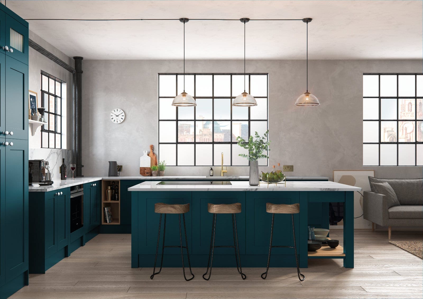 Alku Teal L Shaped Shaker Open Plan Kitchen With Island | My Kitchen Specialist