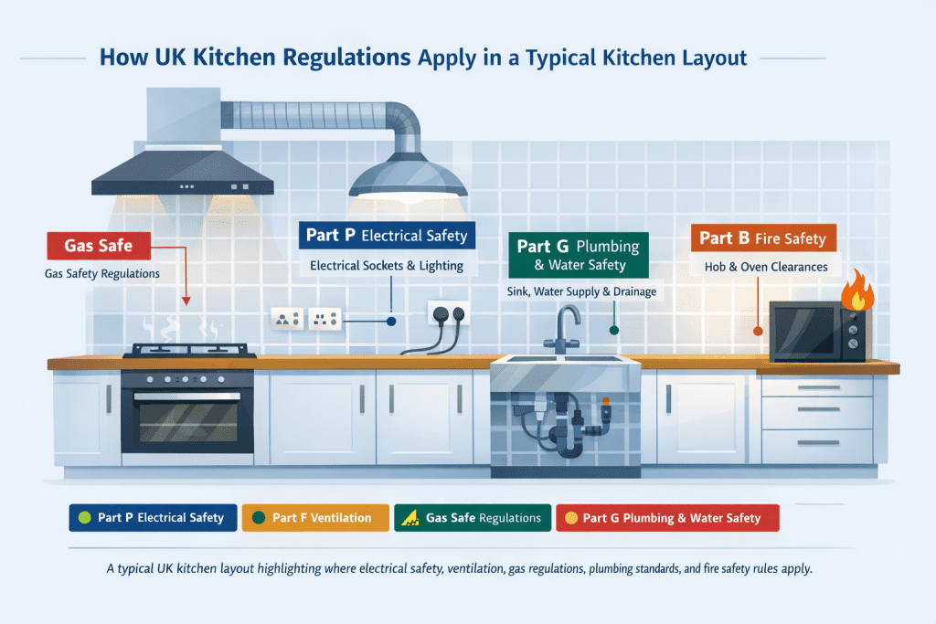 UK kitchen layout diagram showing where electrical safety, ventilation, gas regulations, plumbing standards and fire safety requirements apply.