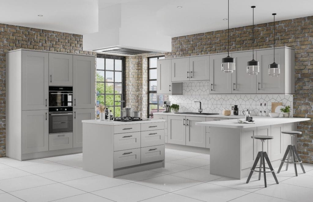 JJO Kitchens - Colonial Grey Shaker Open Plan U Shaped Kitchen With Island | My Kitchen Specialist
