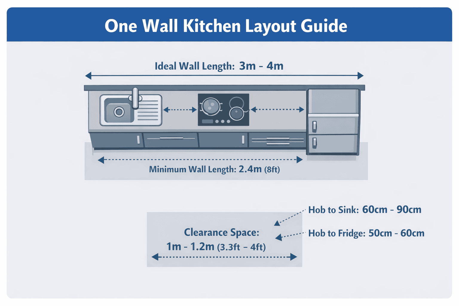one wall kitchen layout dimensions guide | My Kitchen Specialist