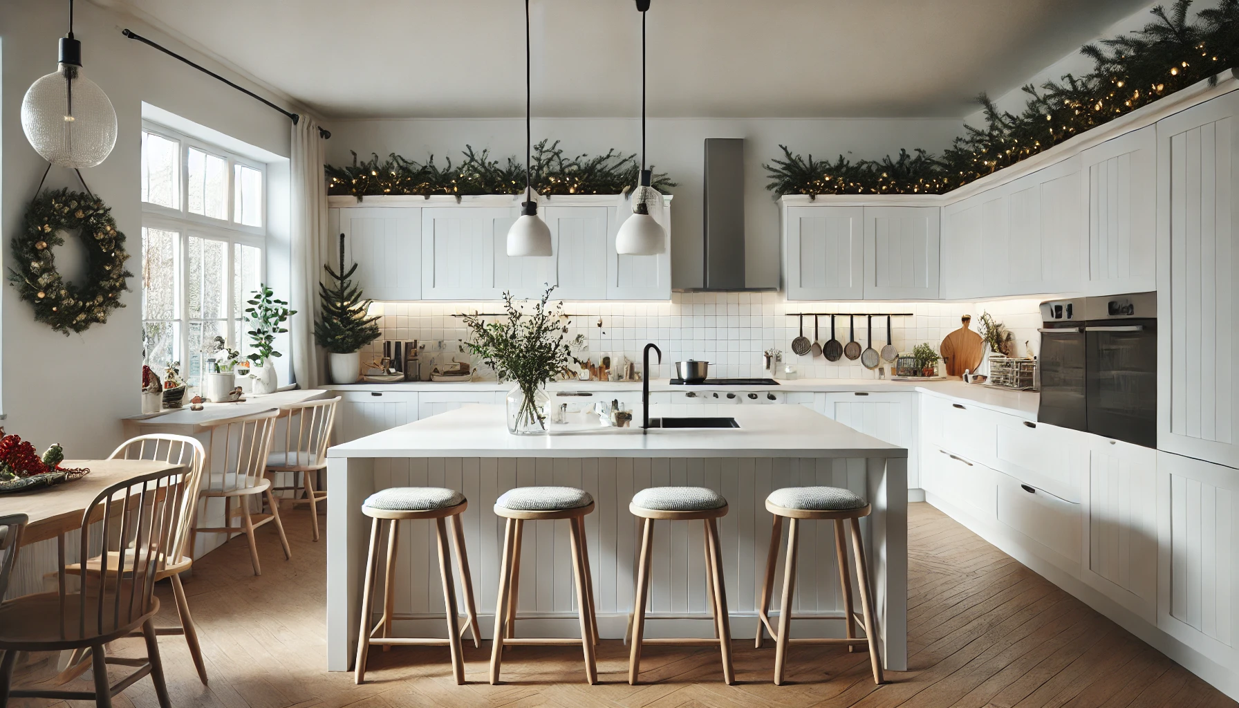 modern, open-plan white shaker kitchen